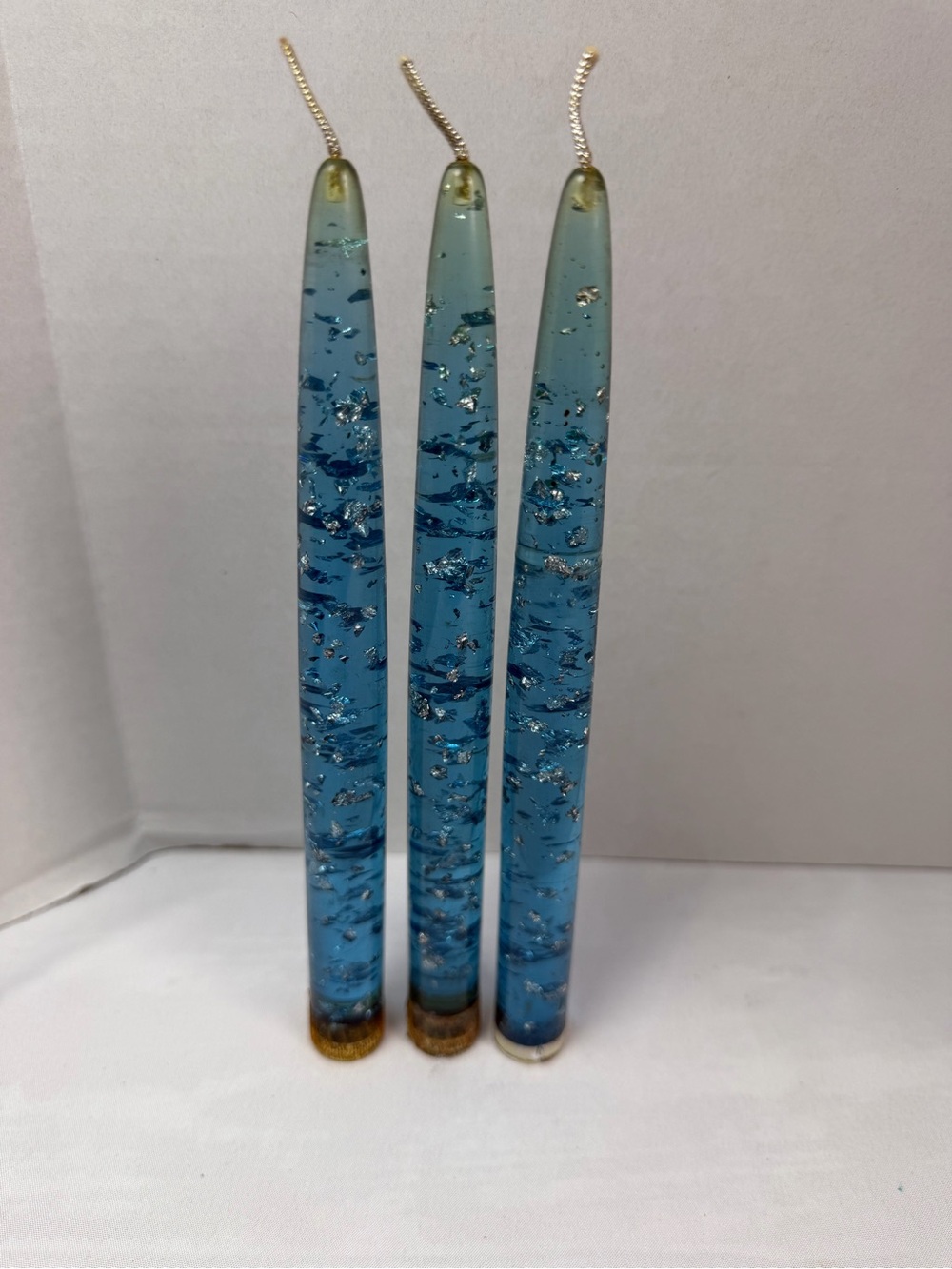 Vtg MCM Blue W/Silver Flakes Lucite Candles Tapers Lot Of 3